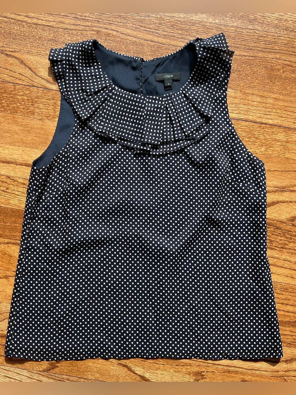 J. Crew Navy Polka Dot Ruffle Neck top
